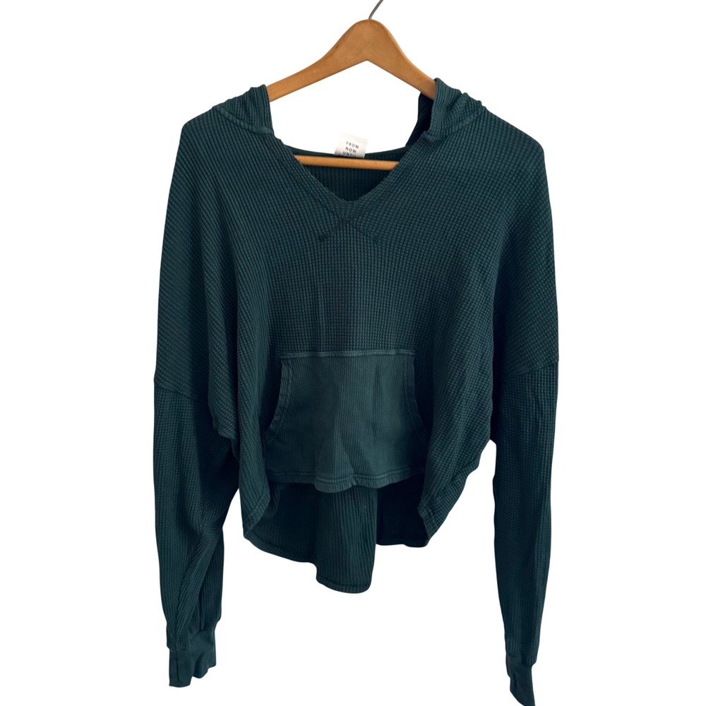 OFFLINE by Aerie Waffle Knit Hoodie Green Oversized Thermal Pullover Small